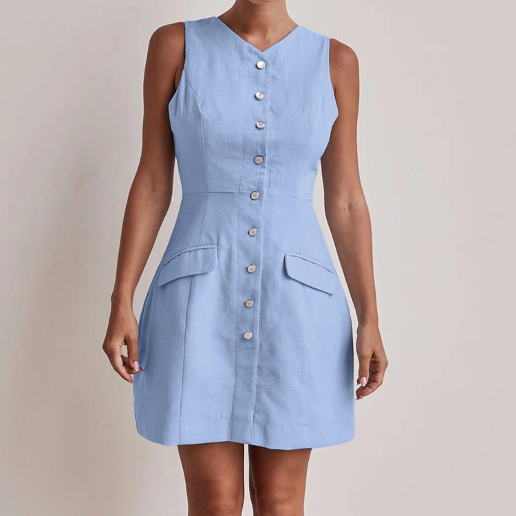 Cotton Sleeveless Vest Dress Waist Controlled Single