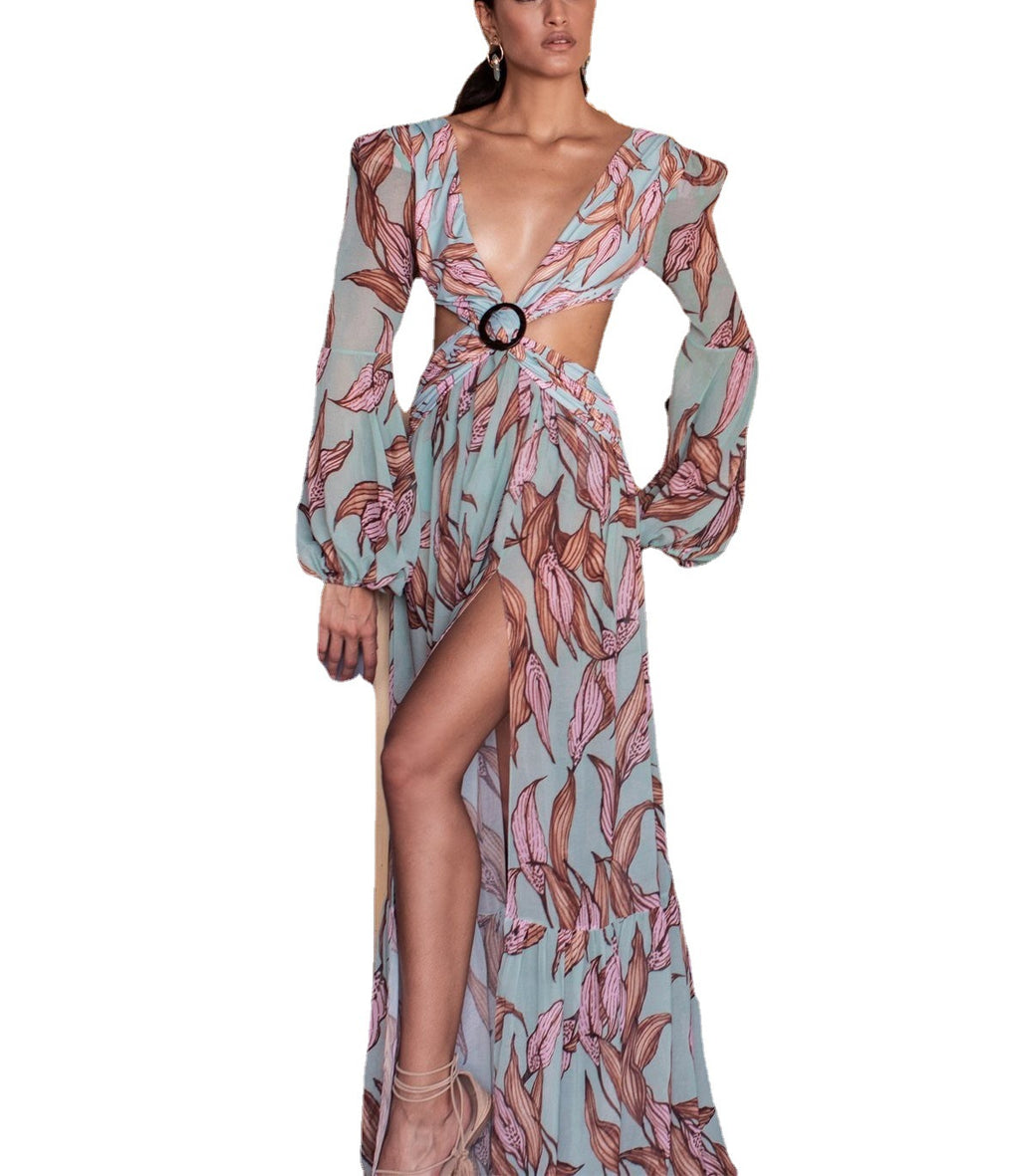 Women's Fashion Sexy Tropical Floral Print Lantern Maxi Long Sleeve V Neck Slit Dress