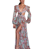 Women's Fashion Sexy Tropical Floral Print Lantern Maxi Long Sleeve V Neck Slit Dress