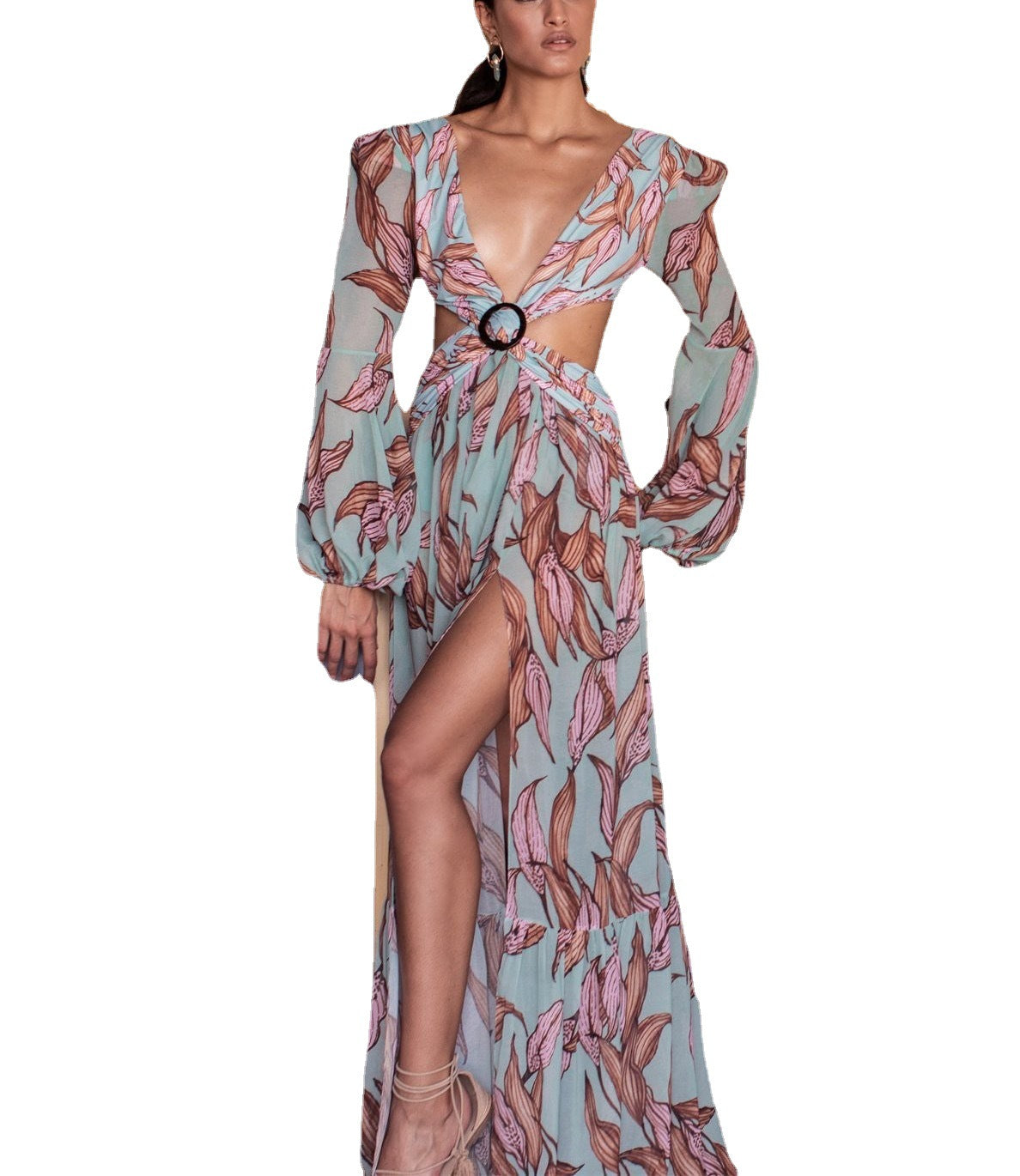 Women's Fashion Sexy Tropical Floral Print Lantern Maxi Long Sleeve V Neck Slit Dress