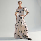 Women's Korean Summer Square Collar Puff Sleeve Peplum Top High Set
