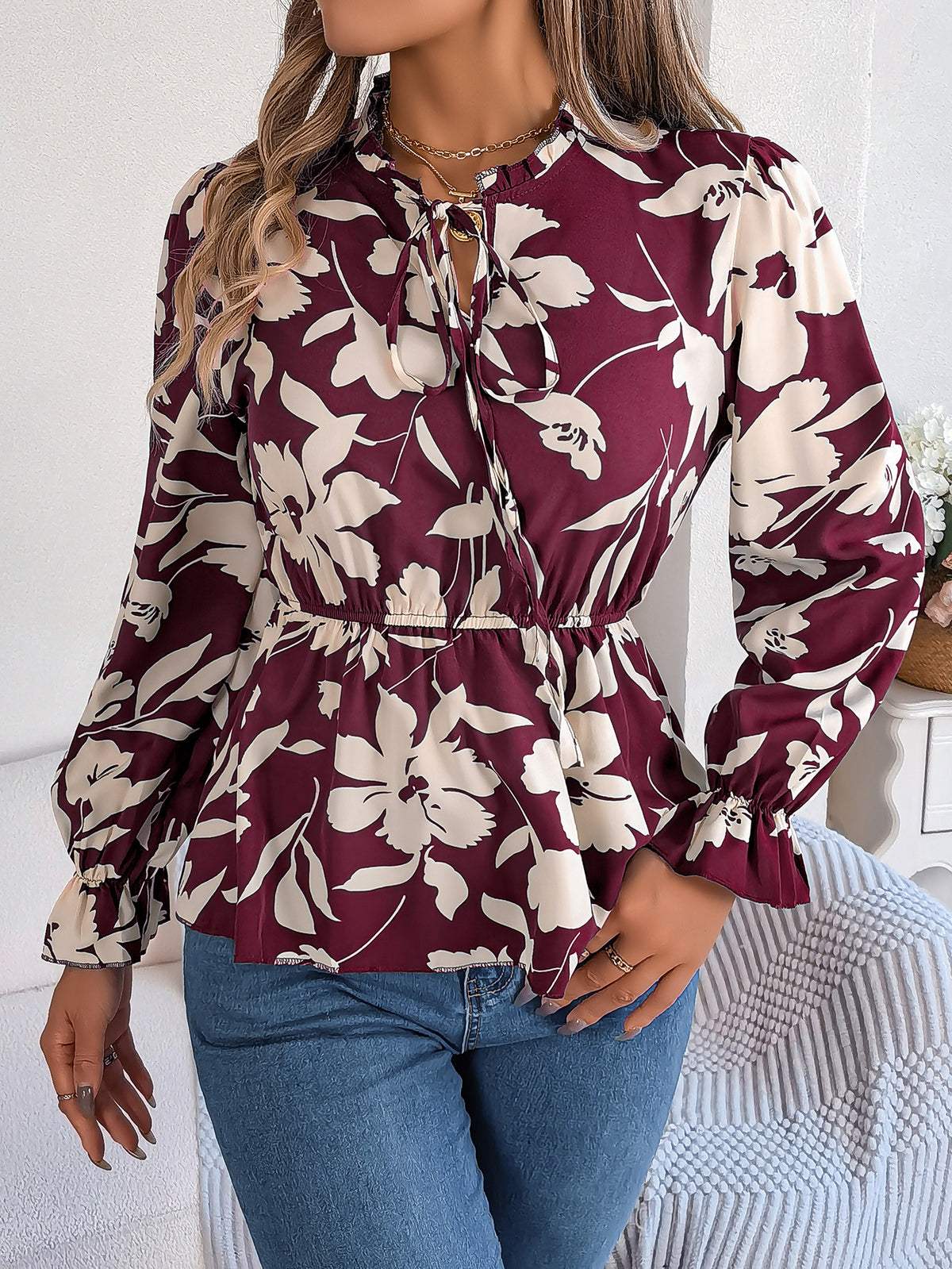 Women's Real Shot Spring Summer Casual Floral Lace Up Long Sleeve Chiffon Shirt Top Women Clothing