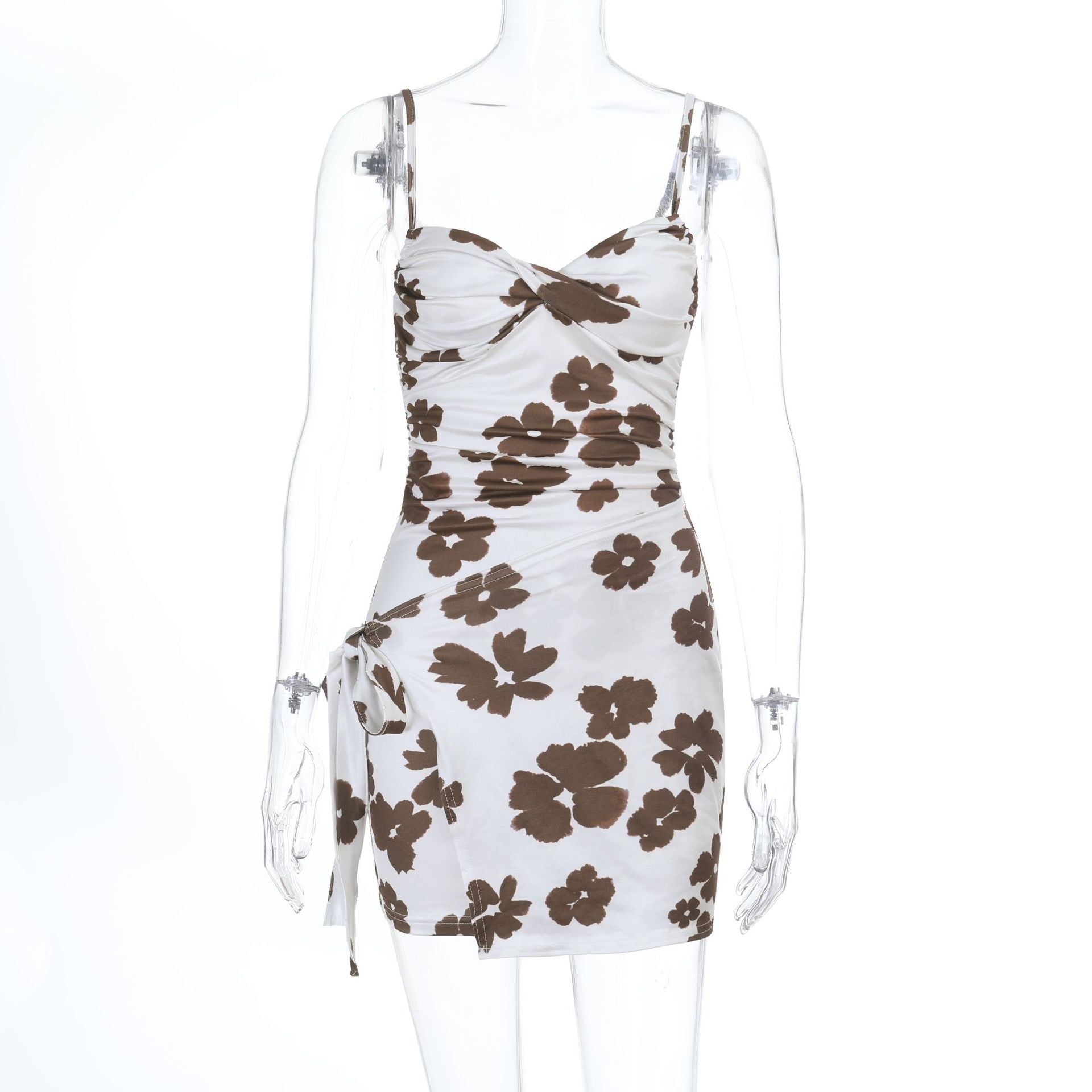Slip summer dress on mannequin, ivory with brown floral print, ruched straps