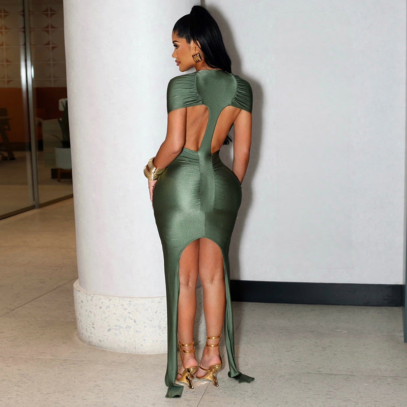 Solid Color Short Sleeve Back Hollow Out Cutout Ribbon Dress