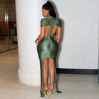 Solid Color Short Sleeve Back Hollow Out Cutout Ribbon Dress
