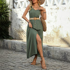 Women's Summer Midi Split Solid Color Sleeveless Crew Dress