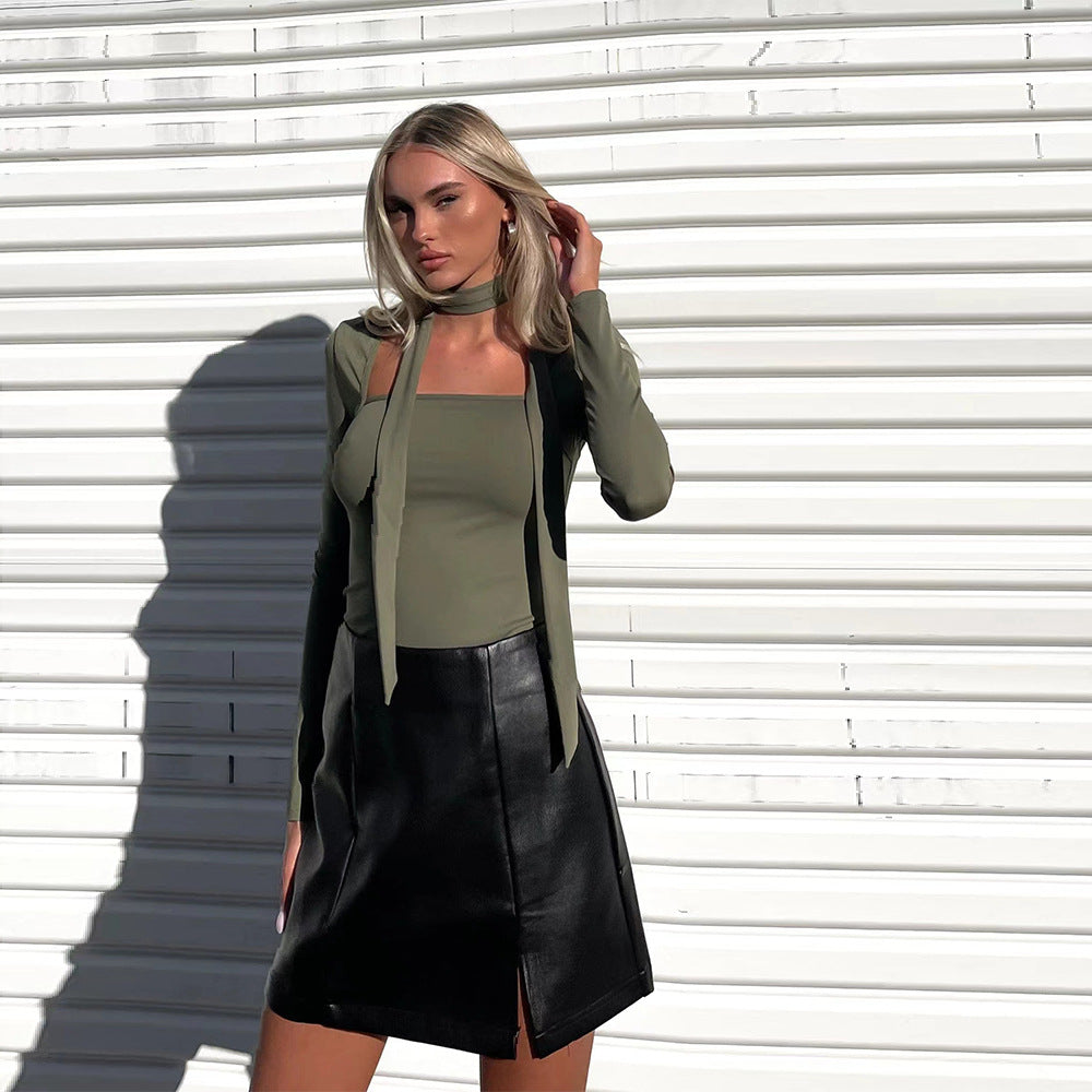 High Grade T shirt Square Collar Lace up Slim Fit Elegant Short Top