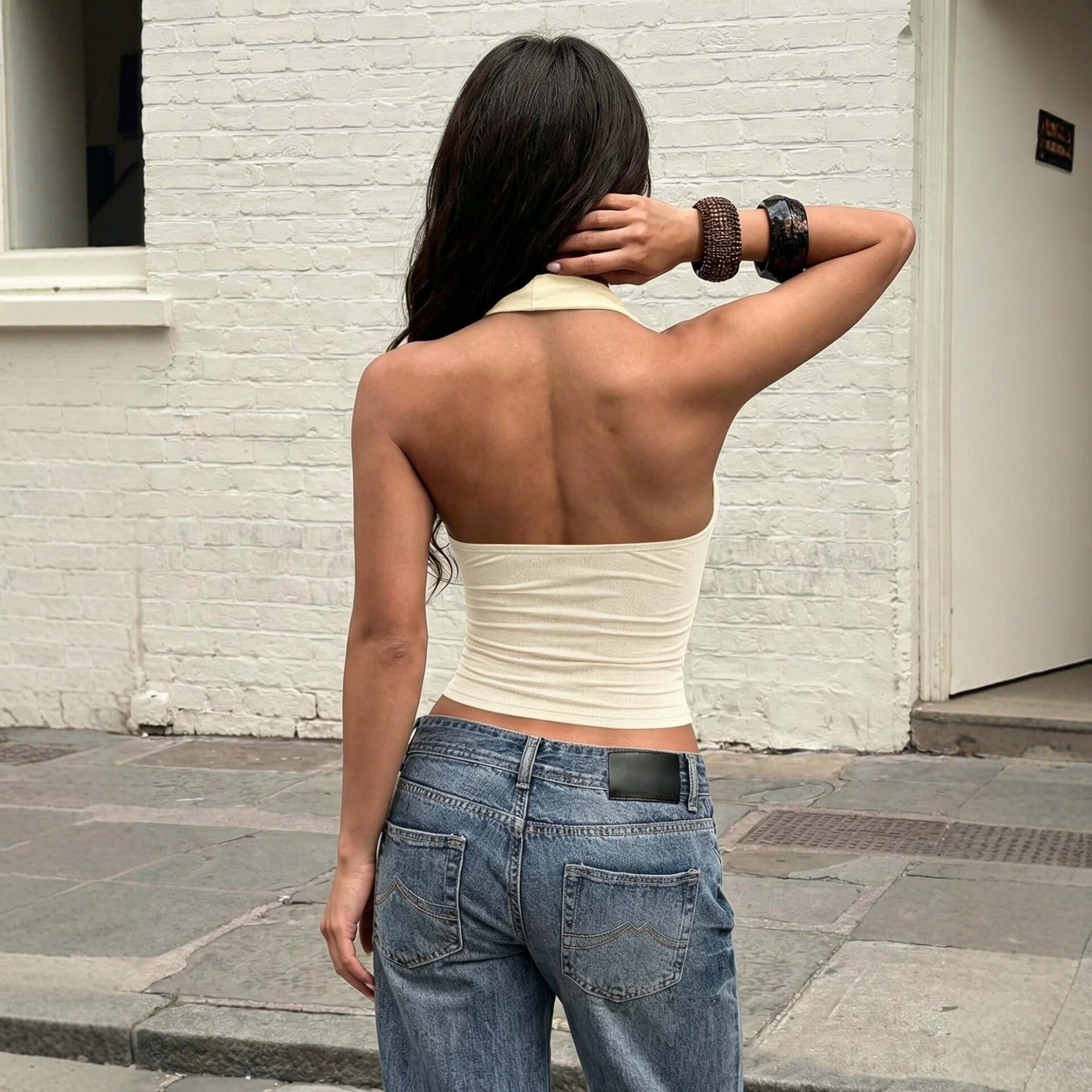Textured Mock Neck Halterneck Vest For Women Waist Cinching