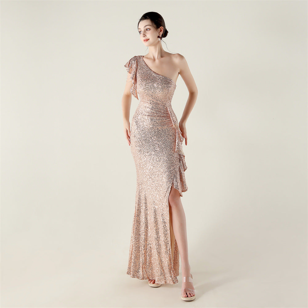 Women's One Shoulder Sequin Beaded Slit Maxi Dress