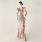 Women's One Shoulder Sequin Beaded Slit Maxi Dress