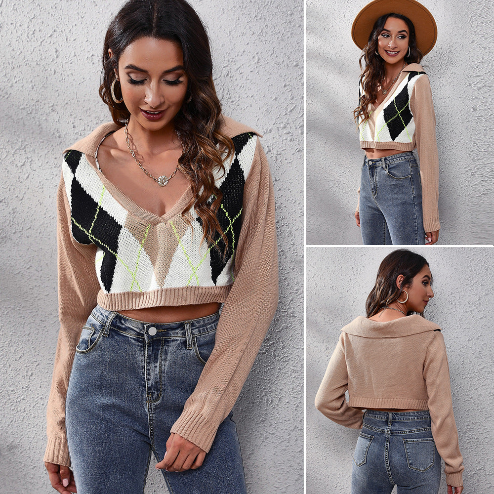 Women's Popular Rhombus Color Matching Doll Collar Rhombus Short Knitted Sweater Women Loose Women Clothing