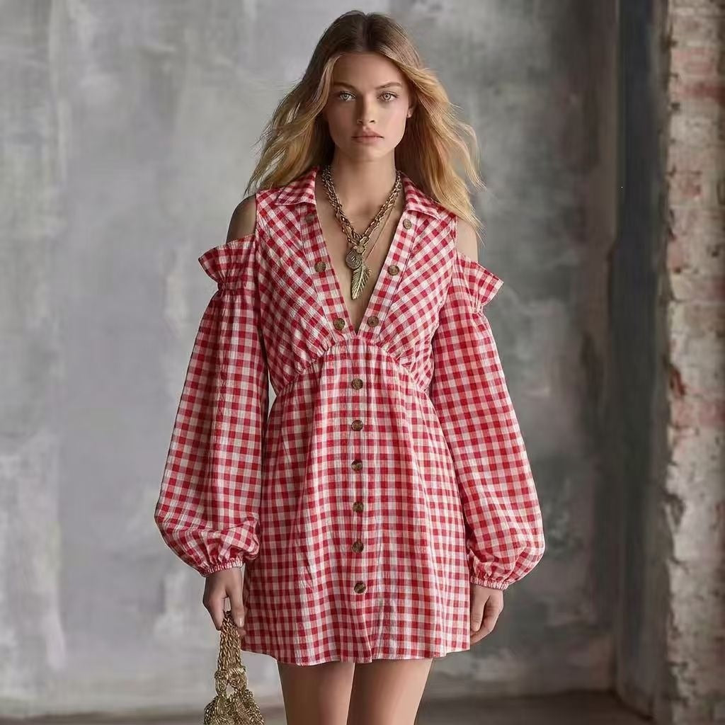 The Shoulder Lantern Sleeve Plaid Long-Sleeve Elastic Waist Office