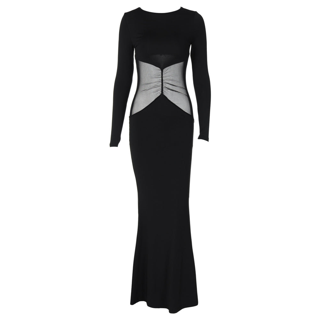 Fall round Neck Pullover Long Sleeve Mesh Slim Fit Patchwork Hip Bag Dress