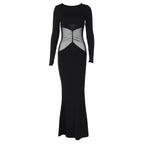 Fall round Neck Pullover Long Sleeve Mesh Slim Fit Patchwork Hip Bag Dress
