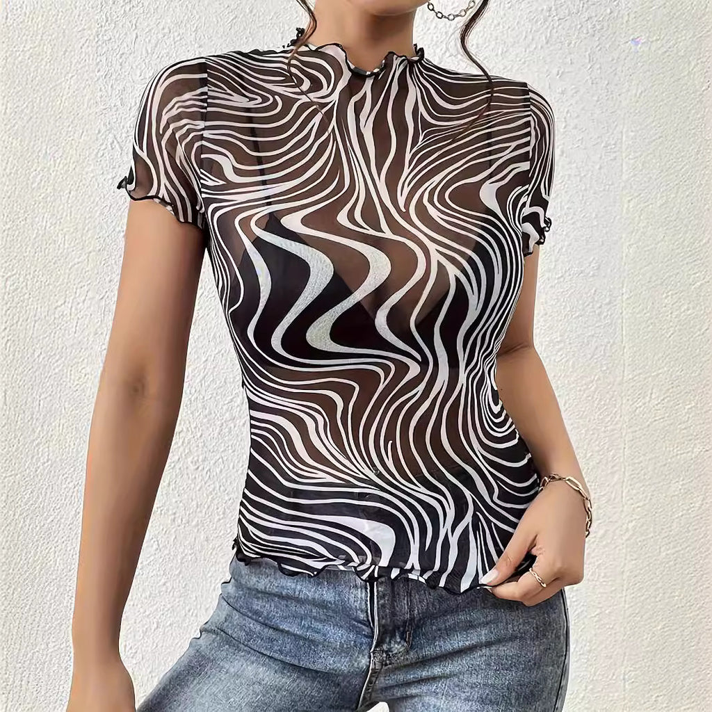 Floral Print Striped Mesh Short Sleeve Top