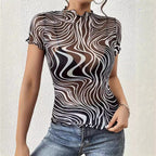 Floral Print Striped Mesh Short Sleeve Top