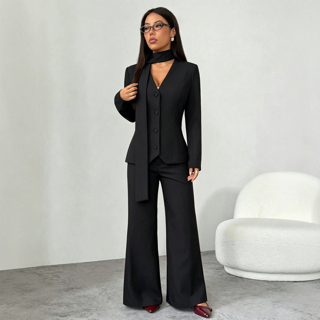 Women Clothing Black Ribbon Waist Tight Blazer Women V neck Single Breasted Office Slimming