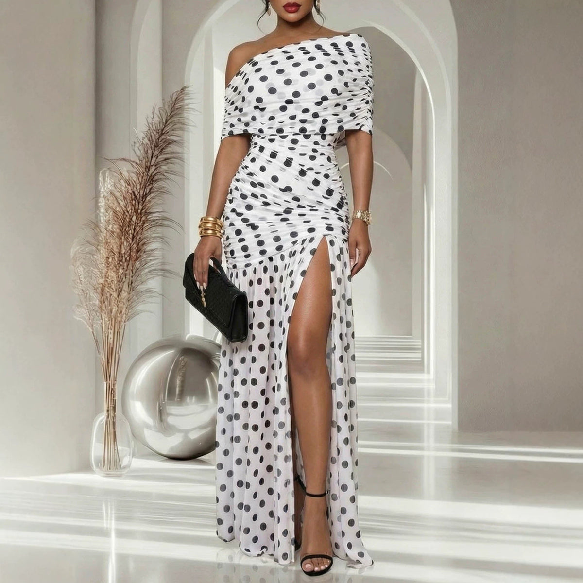 Women's Polka-Dot Cold-Shoulder Cocktail Dress