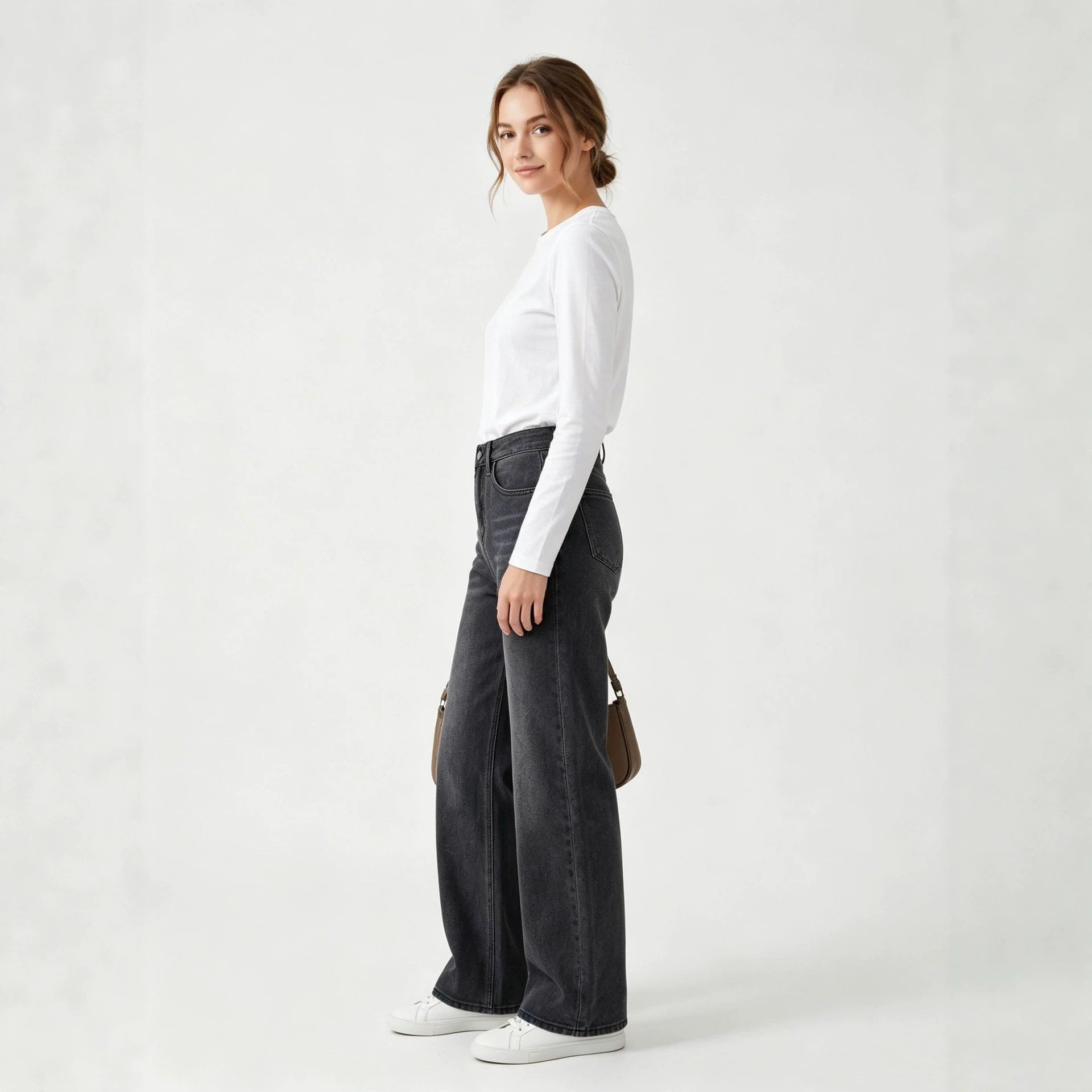 HW Loose Straight Casual All Match Washed Women Jeans