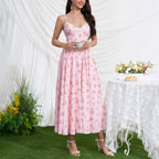 Women's Printed Pleated Backless Midi Dress