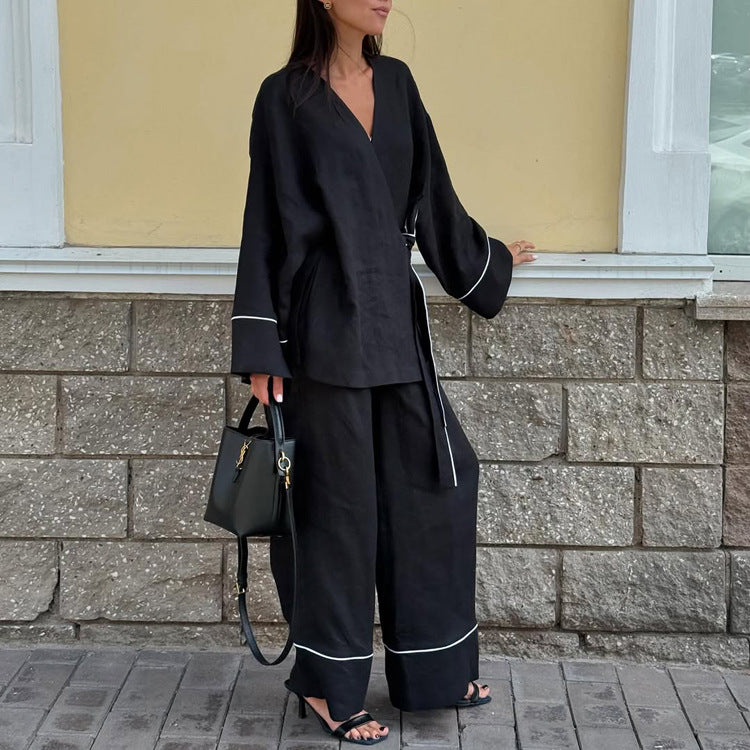 Lace-Up Cardigan Top & Trousers Set