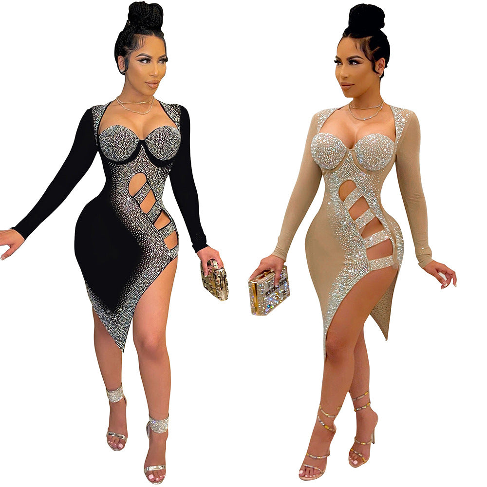 Women's Rhinestone Mesh Long-Sleeve Mini Dress
