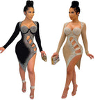 Women's Rhinestone Mesh Long-Sleeve Mini Dress