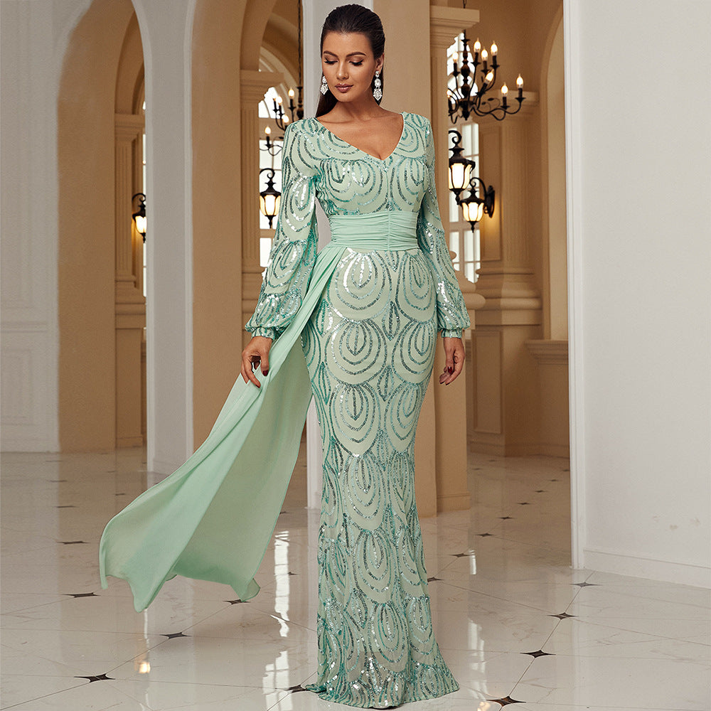 Women's Long Sleeve Long Sequined V Neck Cocktail Ribbon Evening Dress