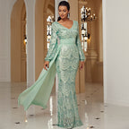 Women's Long Sleeve Long Sequined V Neck Cocktail Ribbon Evening Dress
