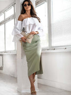 Summer Sunken Stripe Rib Split Button Skirt