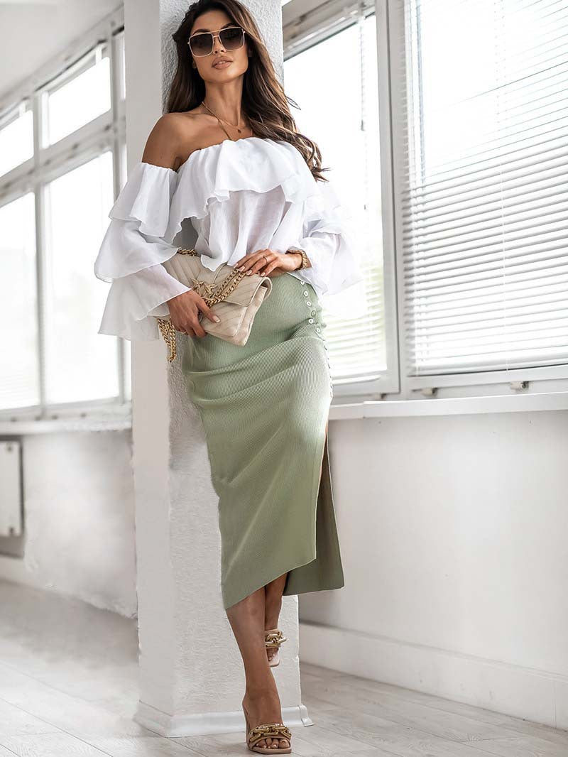 Summer Sunken Stripe Rib Split Button Skirt