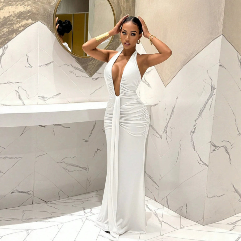 Halter Deep V Ruched Fishtail Maxi Dress