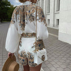 Autumn Winter Printed Long-Sleeved Top Shorts Suit Two-Piece Set