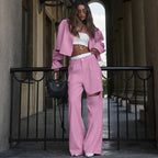 Hollow-Out Jacket & Wide-Leg Pants Set