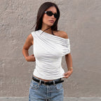 French Women Summer Waist Controlled Oblique Shoulder Pleated Shoulder T shirt Top