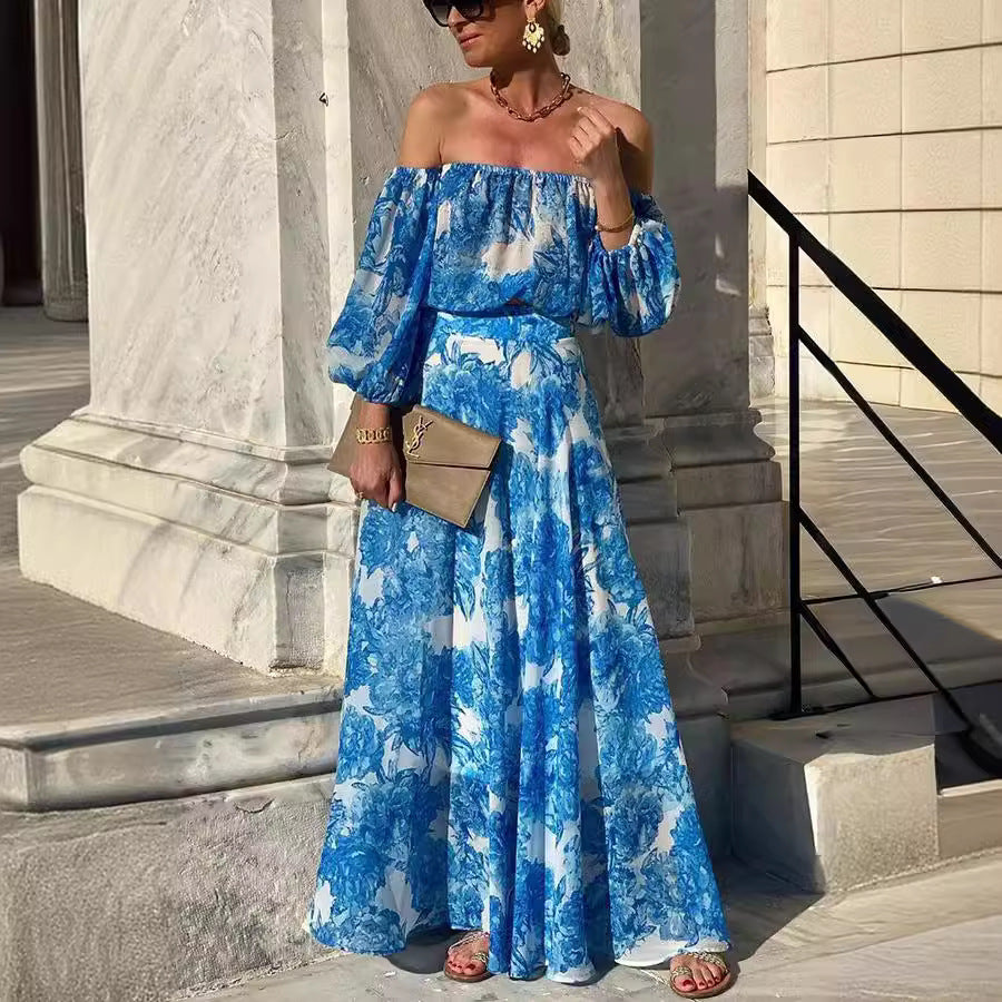 Off-Shoulder Printing High-Waist Elegant Dress