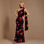 Spring Summer Slant Shoulder Ribbon Floral Dress A Hem