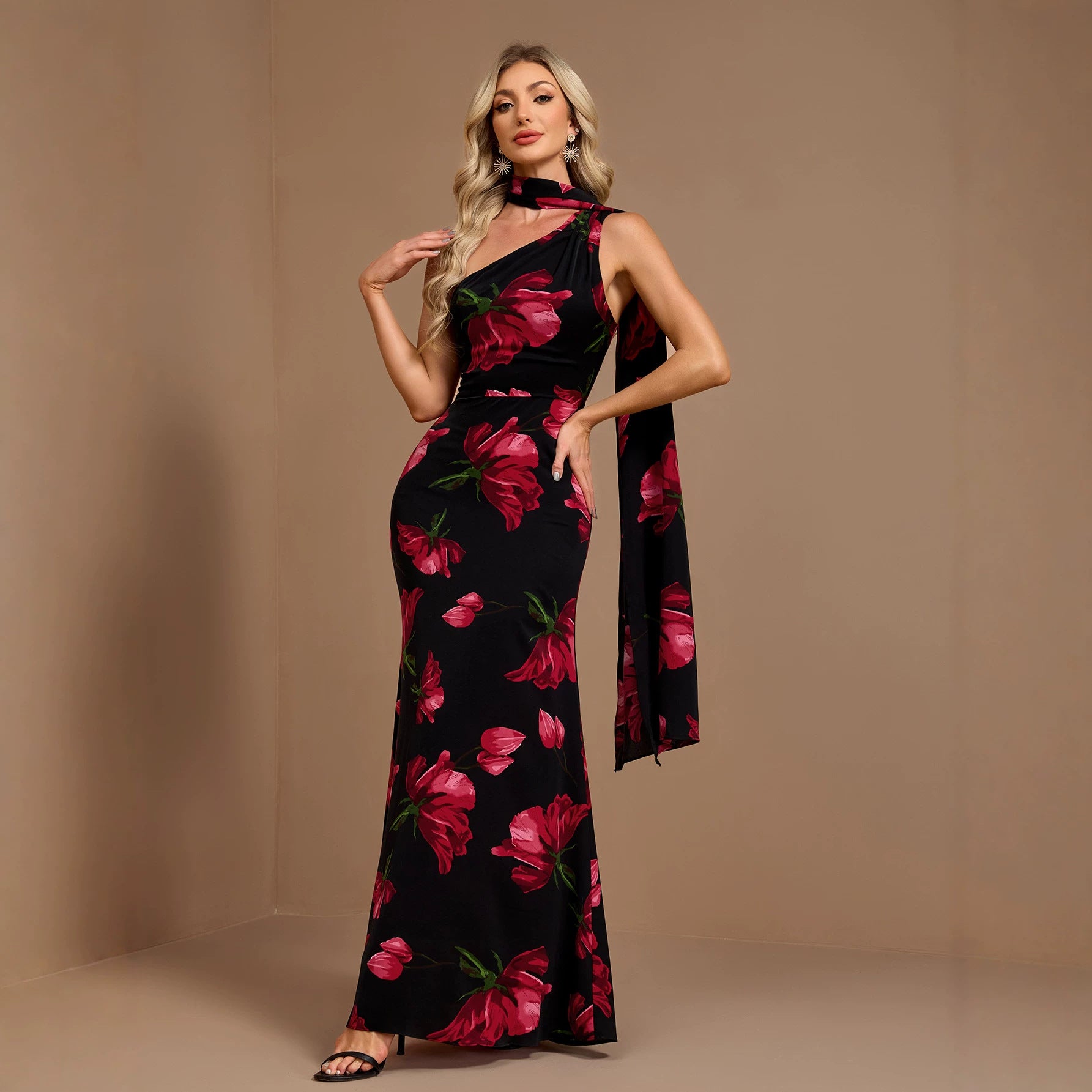 Spring Summer Slant Shoulder Ribbon Floral Dress A Hem