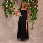 Women's Sequin Lace Square Neck Evening Maxi Dress