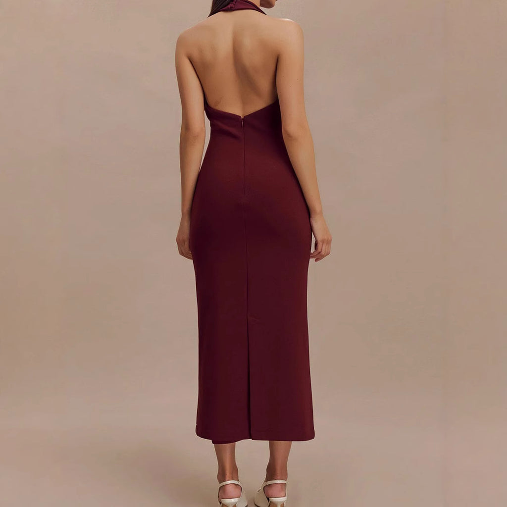 Women's Halter Backless Split A-Line Maxi Dress