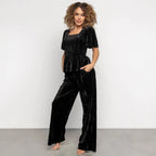 Velvet Women Solid Color Pleated Slim Casual Short Sleeved