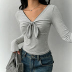 Women's Black White Striped Long Sleeve T Shirt V Neck Chest Kinked Lace Up Slim Fit Slimming Bottoming Top