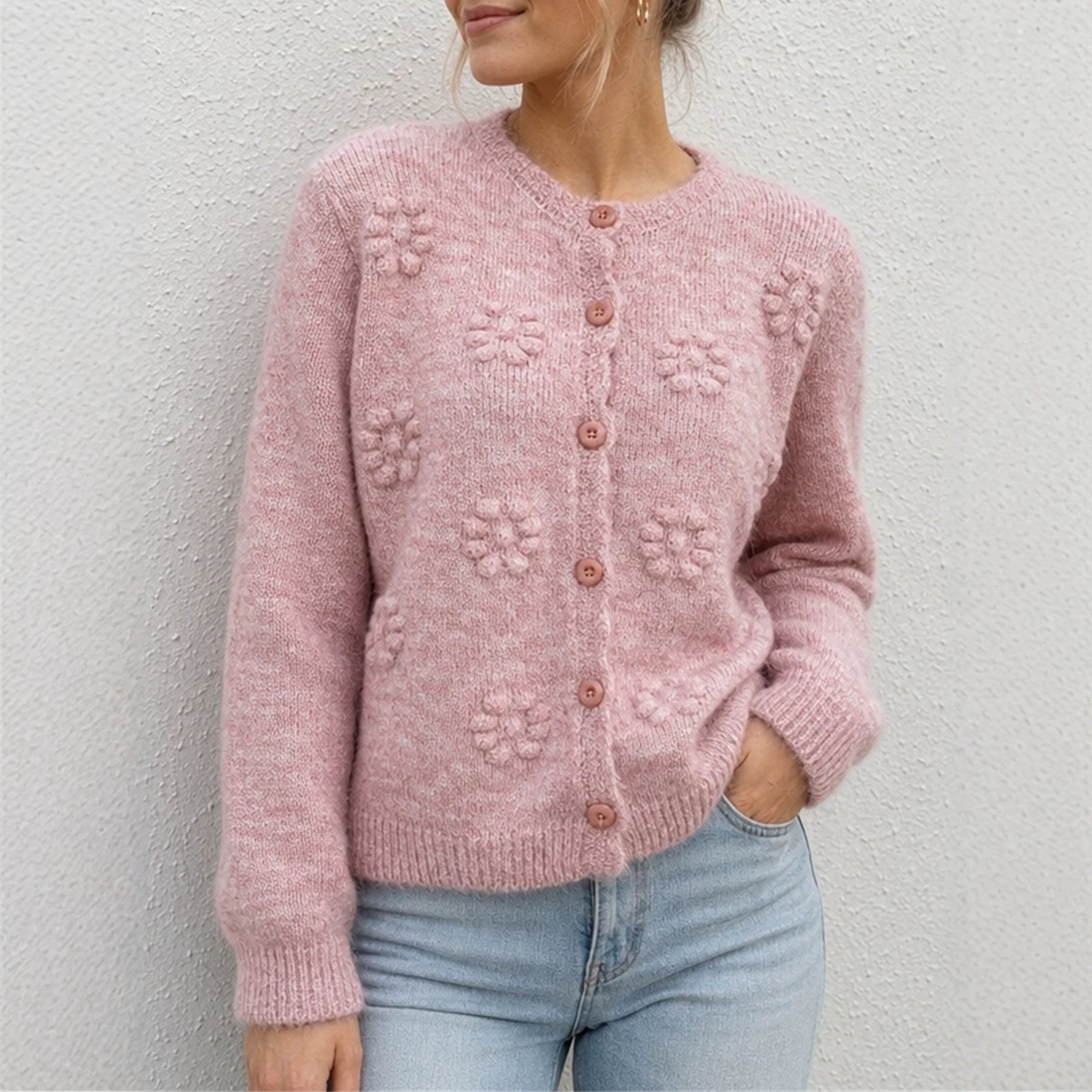 Retro Three Dimensional Small Floral Knitted Cardigan round Neck Button Autumn Sweater Cardigan