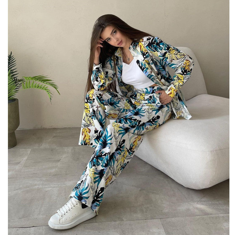 Women's Printed Loose Top High Waist Wide Leg Pants Women's Casual Sets