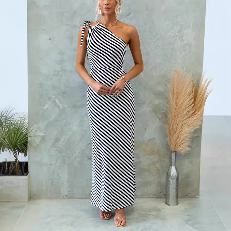 Striped Slim Shoulder Lace-Up Dress