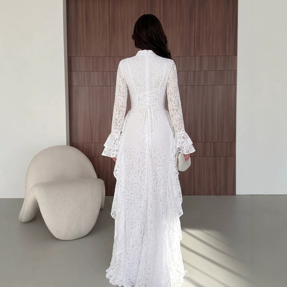 Autumn French Bell Sleeve Long Lace Dress Lace Long Sleeve Waist