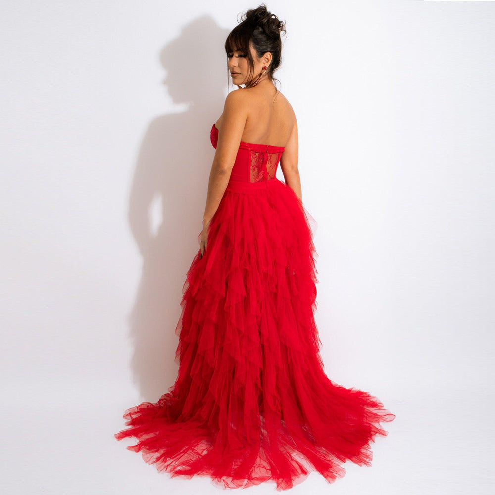 Women's Sexy See-Through Mesh Lace Chest-Wrapped Dress