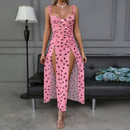 Home Suspender Pink Black Love Dress High Slit T Back Two Piece Set Women