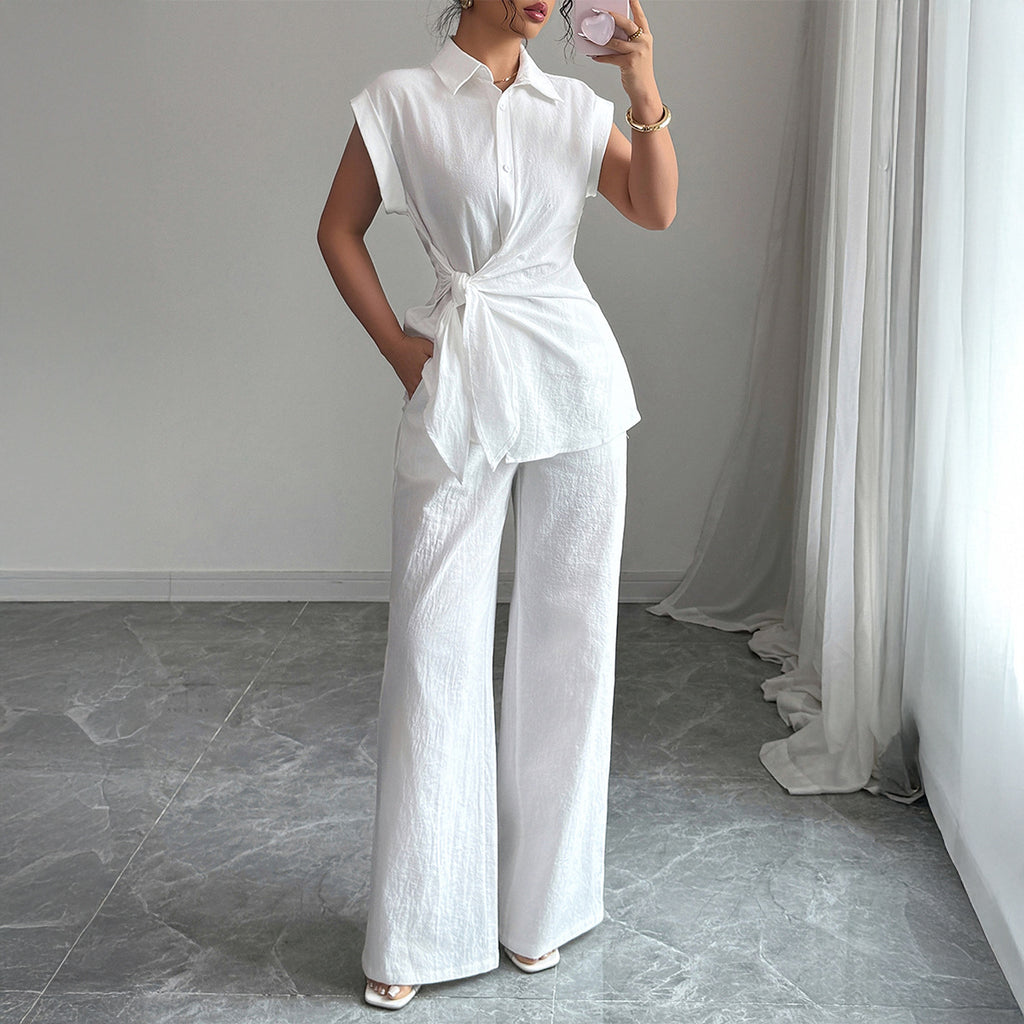 Summer Elegant Shirt Short-Sleeve Straight Leg Pants Set