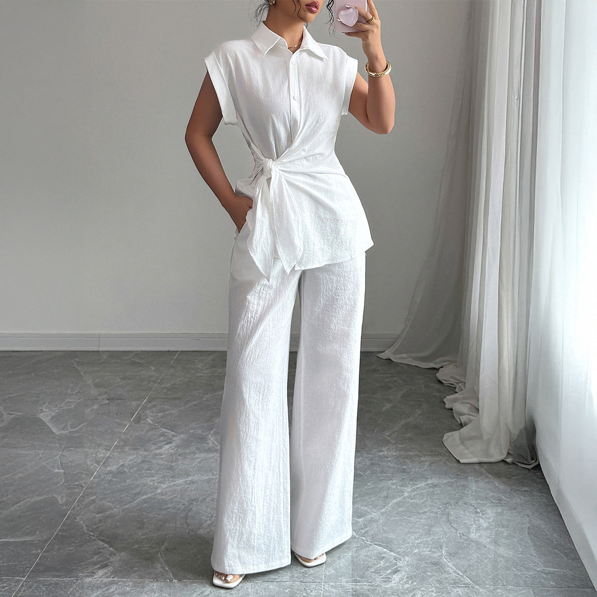 Summer Elegant Shirt Short-Sleeve Straight Leg Pants Set